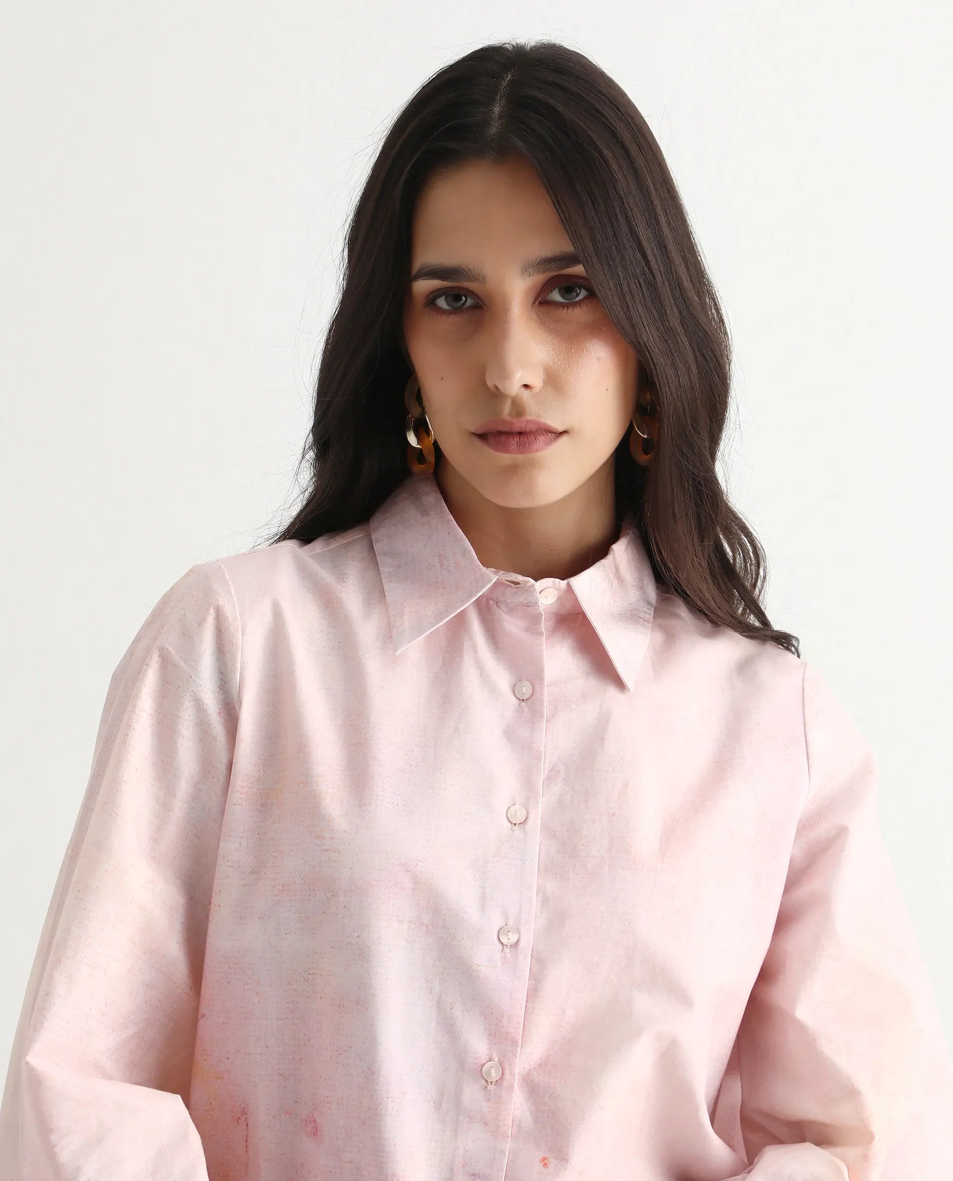Rareism Women Loko Pink Bell Sleeves Collared Neck Button Closure Floral Print Top