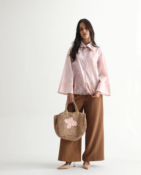 Rareism Women Loko Pink Bell Sleeves Collared Neck Button Closure Floral Print Top