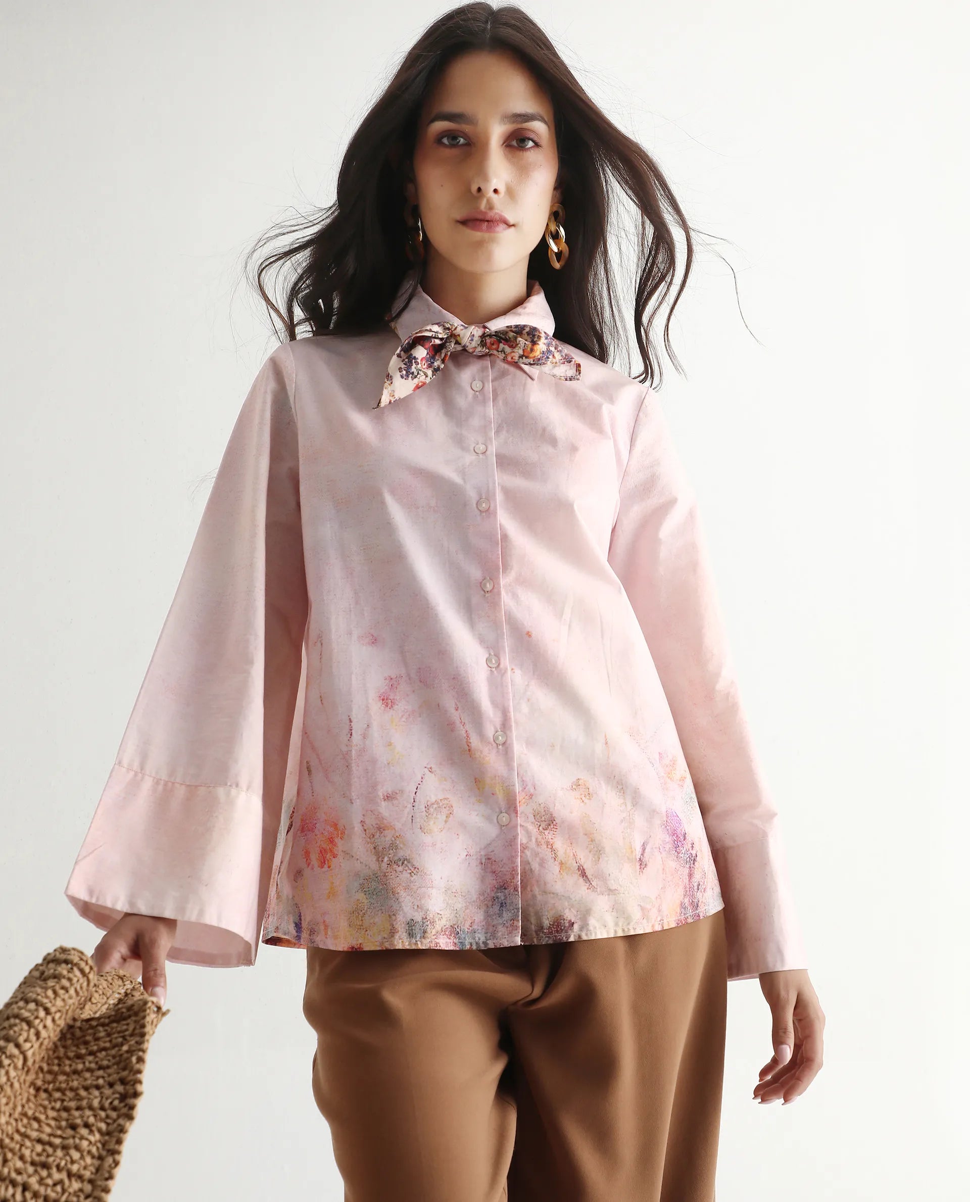 Rareism Women Loko Pink Bell Sleeves Collared Neck Button Closure Floral Print Top