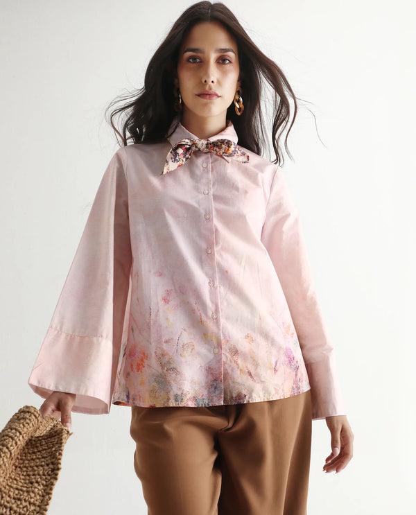 Rareism Women Loko Pink Bell Sleeves Collared Neck Button Closure Floral Print Top