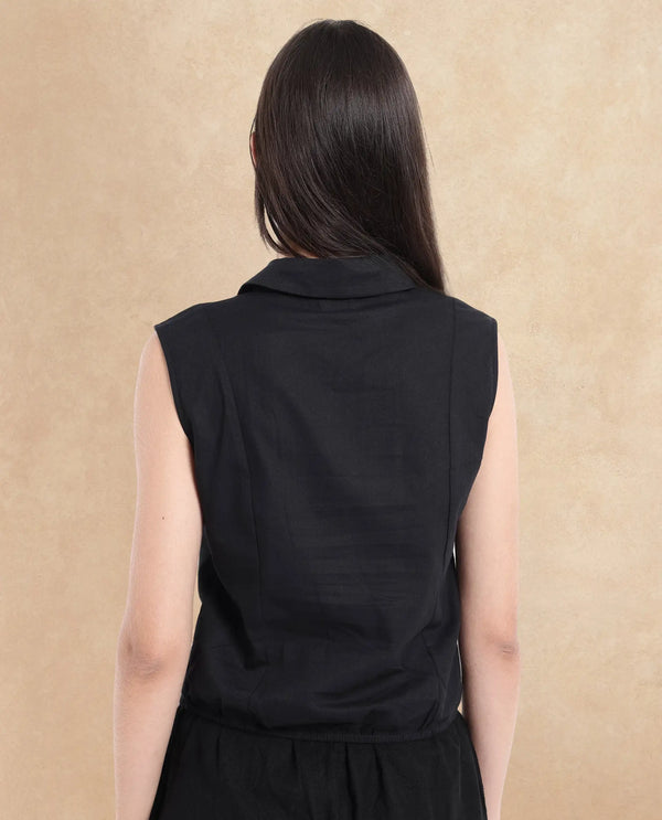 Rareism Women Lolia Black Sleeveless Lapel Neck Plain Top