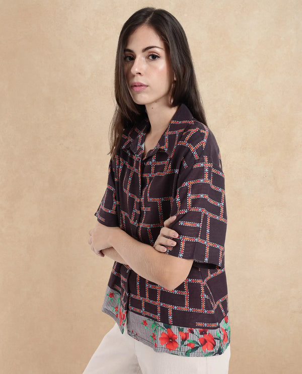Rareism Women Lombard Brown Short Sleeve Collared Collar Button Boxy Fit Abstract Print Top