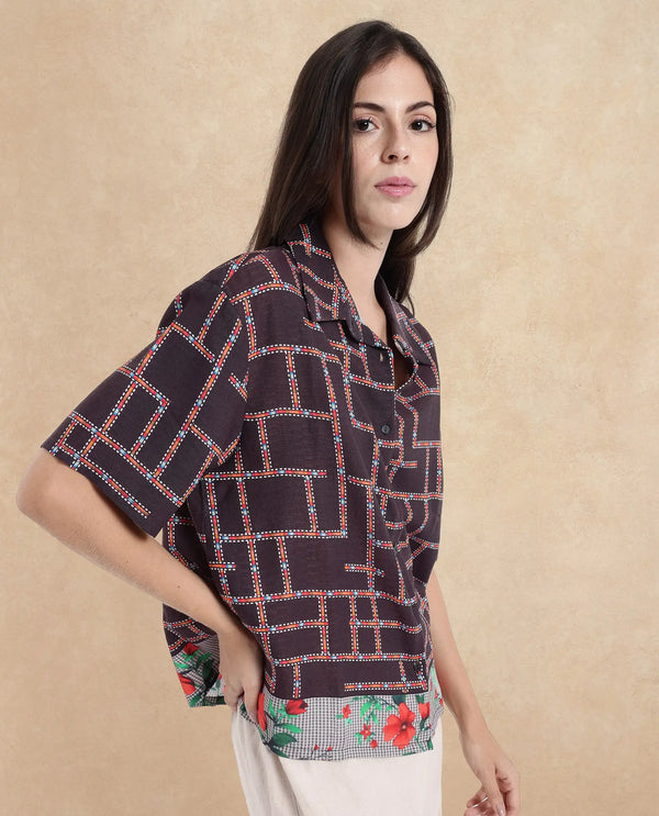 Rareism Women Lombard Brown Short Sleeve Collared Collar Button Boxy Fit Abstract Print Top