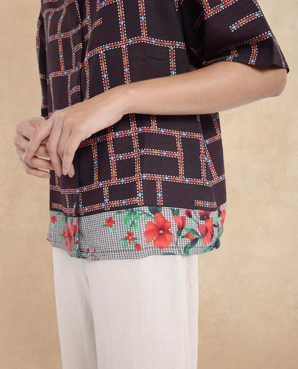 Rareism Women Lombard Brown Short Sleeve Collared Collar Button Boxy Fit Abstract Print Top