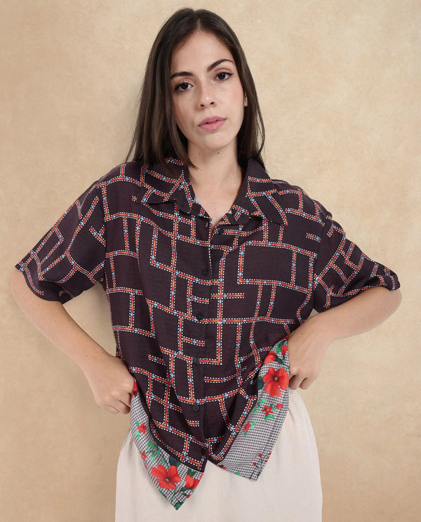 Rareism Women Lombard Brown Short Sleeve Collared Collar Button Boxy Fit Abstract Print Top