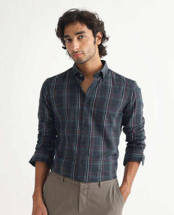 Rare Rabbit Men's Lome Navy Cotton Fabric Full Sleeves Checks Shirt