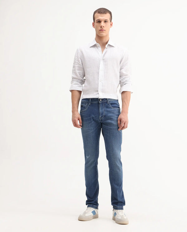Rare Rabbit Mens Lonar Blue Cotton Polyester Solid Mid Wash Slim Fit Jeans