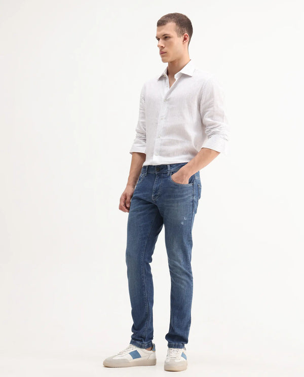 Rare Rabbit Mens Lonar Blue Cotton Polyester Solid Mid Wash Slim Fit Jeans