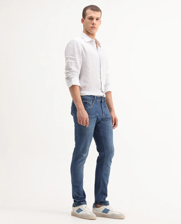 Rare Rabbit Mens Lonar Blue Cotton Polyester Solid Mid Wash Slim Fit Jeans