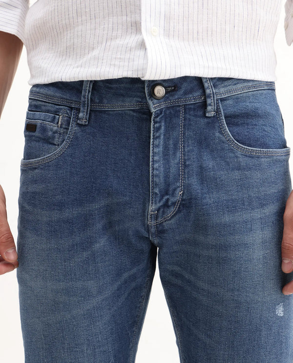 Rare Rabbit Mens Lonar Blue Cotton Polyester Solid Mid Wash Slim Fit Jeans