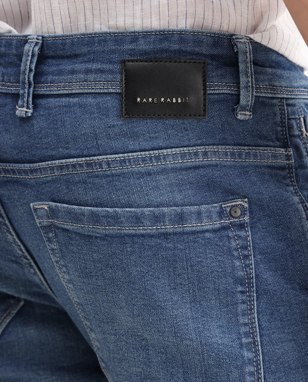 Rare Rabbit Mens Lonar Blue Cotton Polyester Solid Mid Wash Slim Fit Jeans