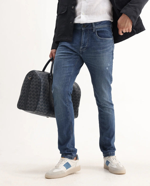 Rare Rabbit Mens Lonar Blue Cotton Polyester Solid Mid Wash Slim Fit Jeans