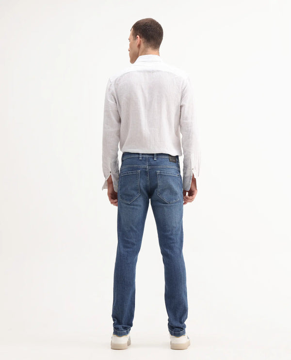Rare Rabbit Mens Lonar Blue Cotton Polyester Solid Mid Wash Slim Fit Jeans