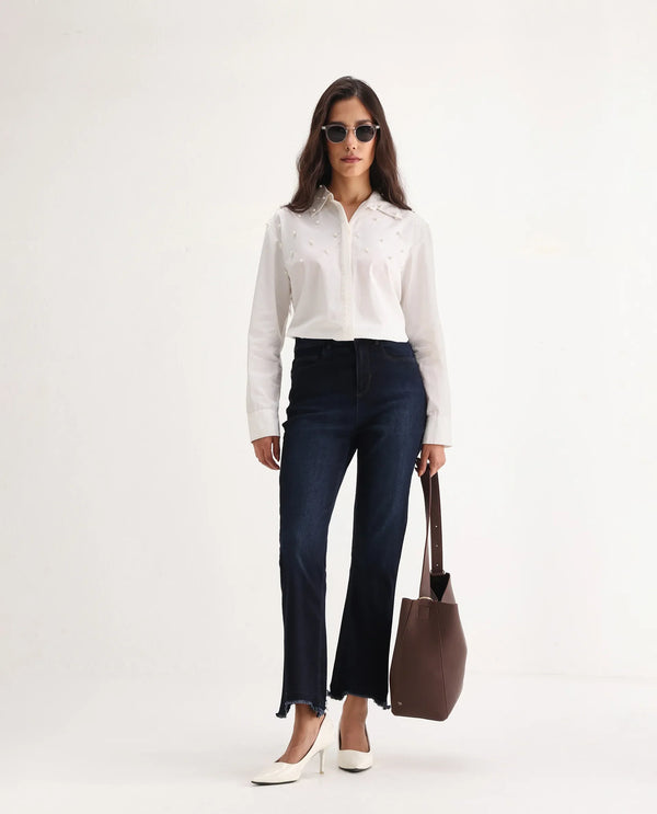 Rareism Women Longwing Navy Cotton Viscose Fabric Mid Rise Solid Tailored Fit Ankle Length Jeans
