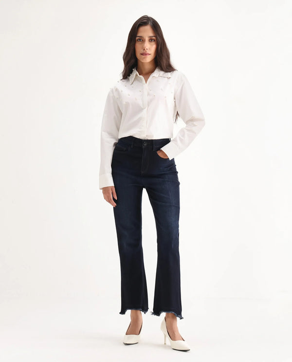 Rareism Women Longwing Navy Cotton Viscose Fabric Mid Rise Solid Tailored Fit Ankle Length Jeans