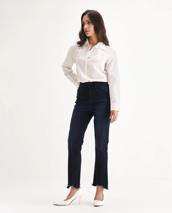 Rareism Women Longwing Navy Cotton Viscose Fabric Mid Rise Solid Tailored Fit Ankle Length Jeans