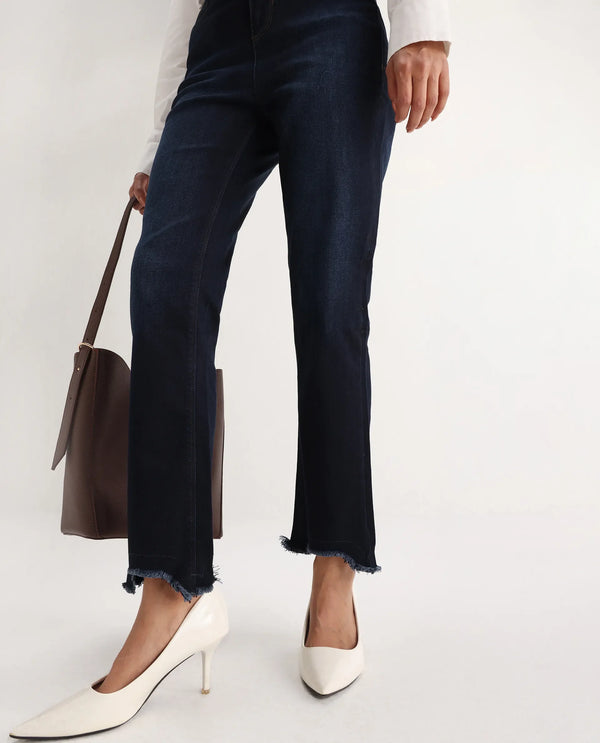Rareism Women Longwing Navy Cotton Viscose Fabric Mid Rise Solid Tailored Fit Ankle Length Jeans