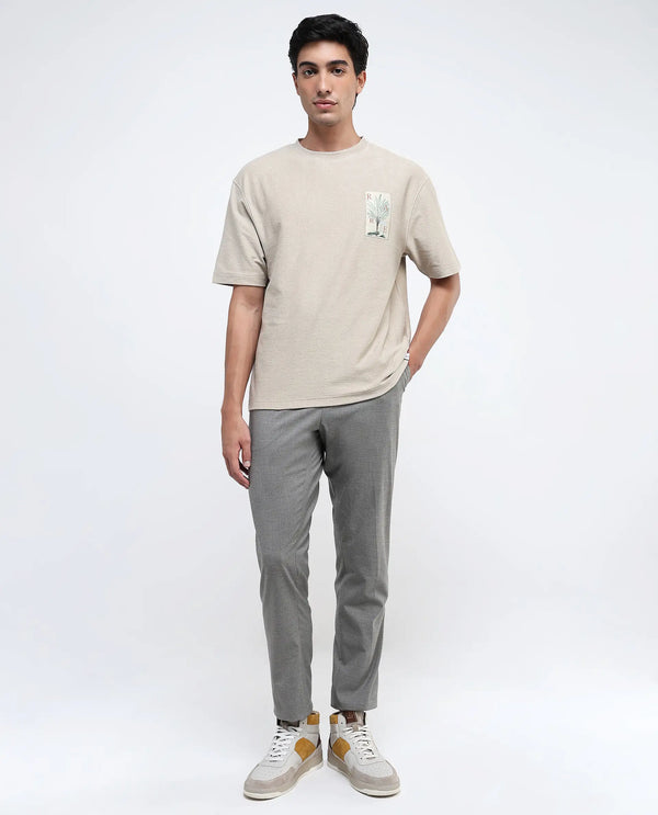 Rare Rabbit Men's Loopet Beige Cotton Lycra Fabric Half Sleeves Floral Print Pocket Detailing Oversized Fit Solid T-Shirt