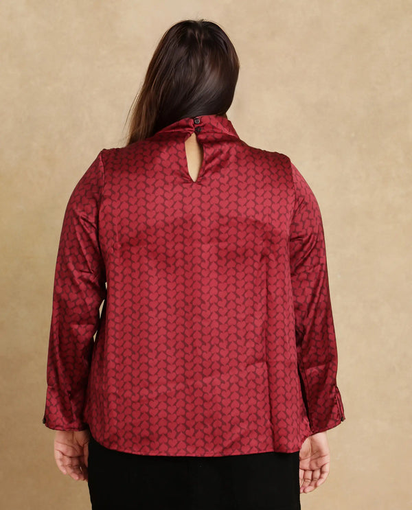 Rareism Women Lop Maroon Satin Regular Sleeves High Neck Button Closure Monogram Print Top