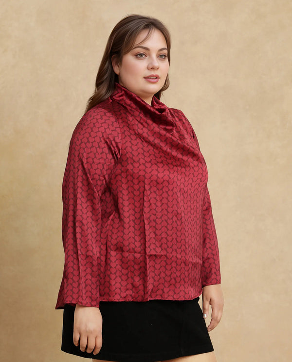 Rareism Women Lop Maroon Satin Regular Sleeves High Neck Button Closure Monogram Print Top