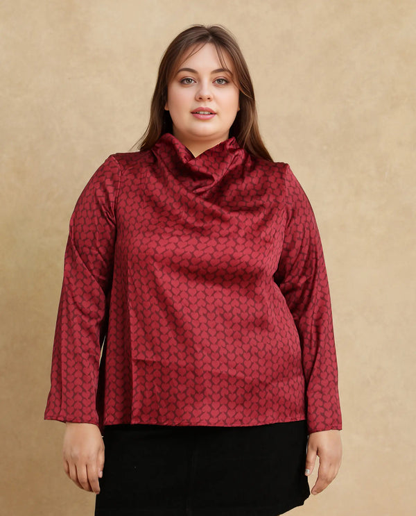 Rareism Women Lop Maroon Satin Regular Sleeves High Neck Button Closure Monogram Print Top