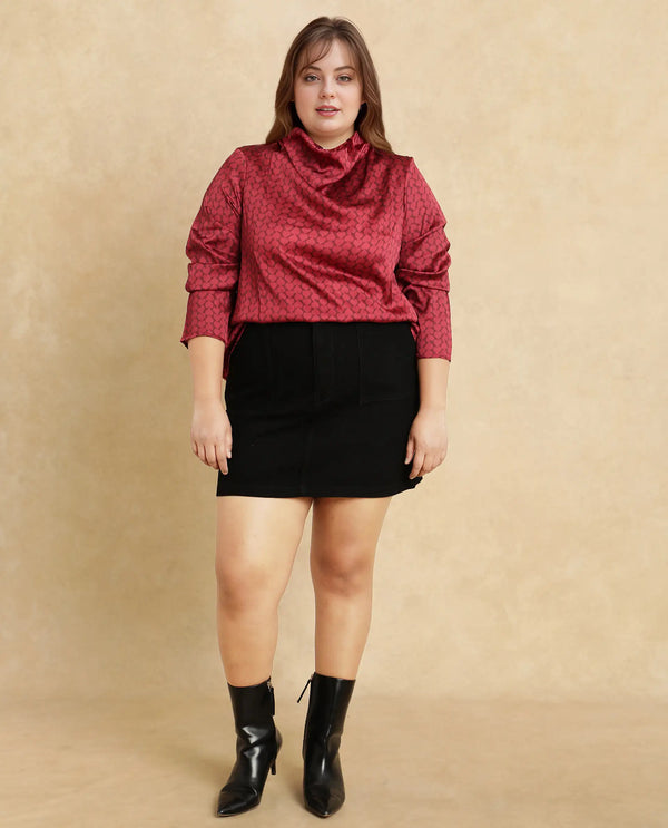 Rareism Women Lop Maroon Satin Regular Sleeves High Neck Button Closure Monogram Print Top