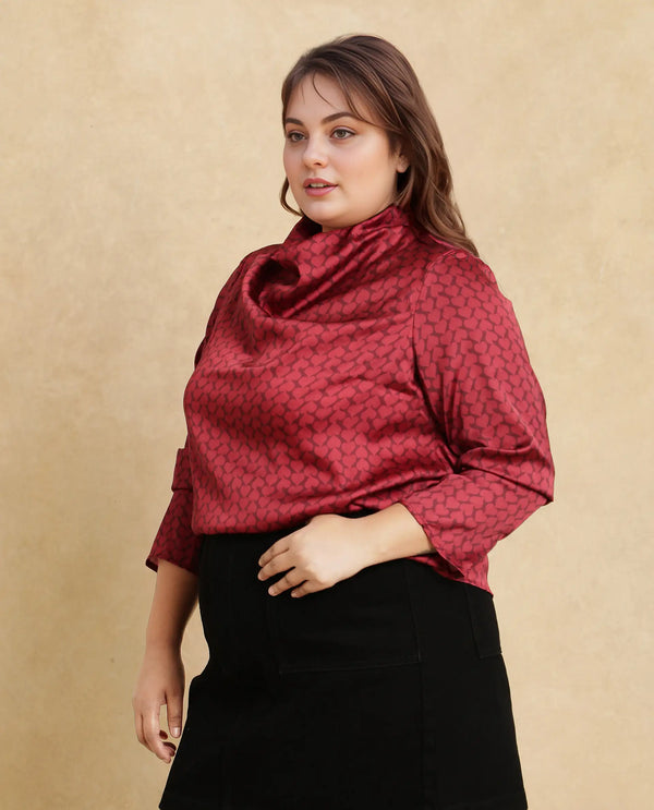 Rareism Women Lop Maroon Satin Regular Sleeves High Neck Button Closure Monogram Print Top