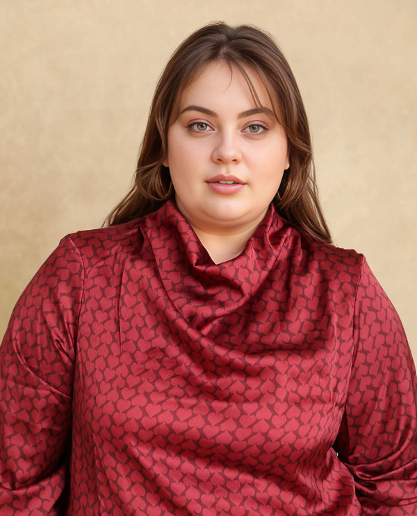 Rareism Women Lop Maroon Satin Regular Sleeves High Neck Button Closure Monogram Print Top