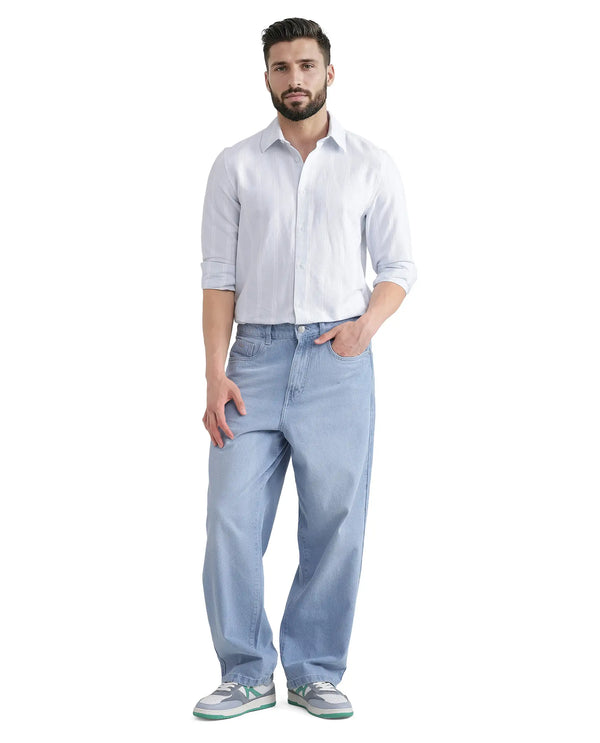 Rare Rabbit Men's Lorb Light Blue Cotton Fabric Full Sleeve Regular Collared Button Closure Stripe Print Shirt