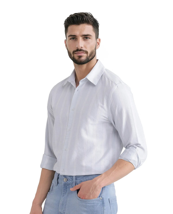 Rare Rabbit Men's Lorb Light Blue Cotton Fabric Full Sleeve Regular Collared Button Closure Stripe Print Shirt
