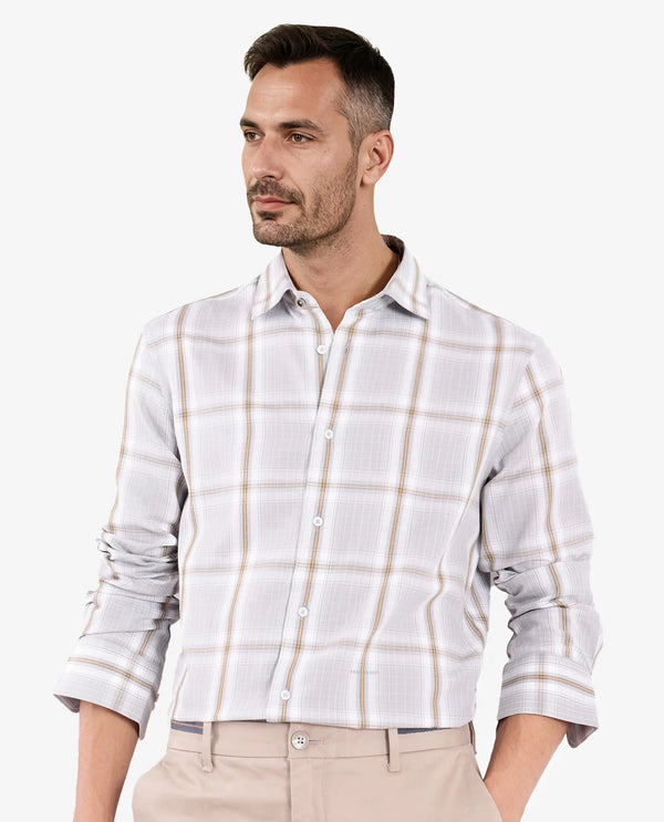 Rare Rabbit Men's Lorde Light Grey Cotton Fabric Regular Fit Checks Shirt