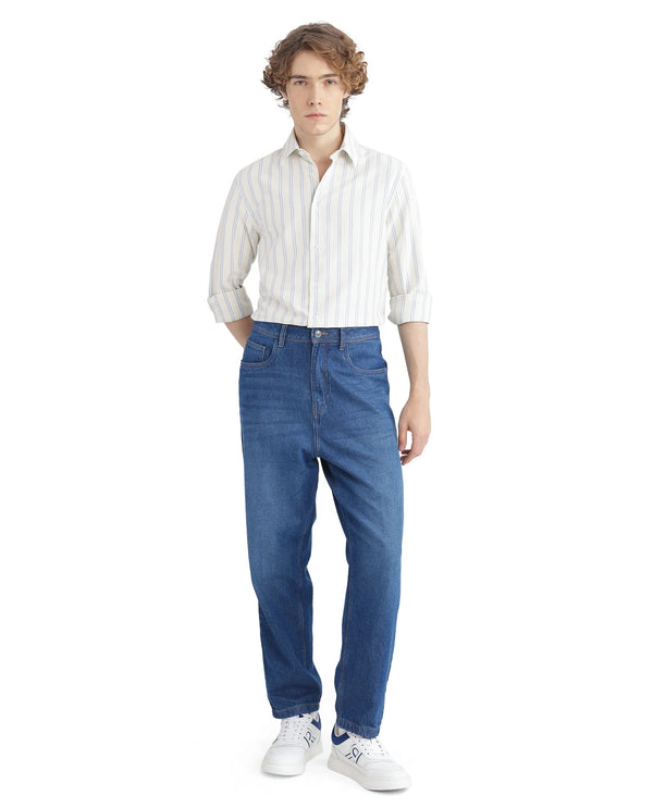 Rare Rabbit Men's Lorw Blue Cotton Fabric Full Sleeve Regular Fit Double Striped Shirt