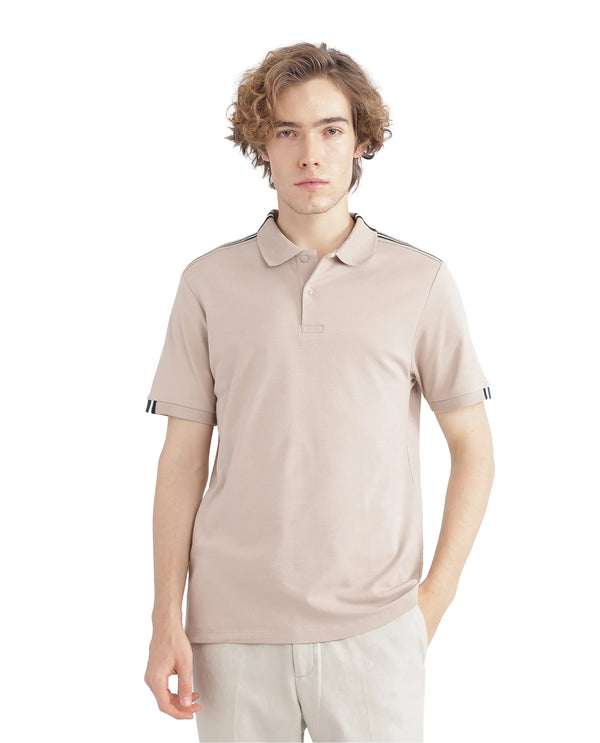 Rare Rabbit Men Loui Beige Cotton Fabric Striped Short Sleeve and Collar Neck Plain Polo