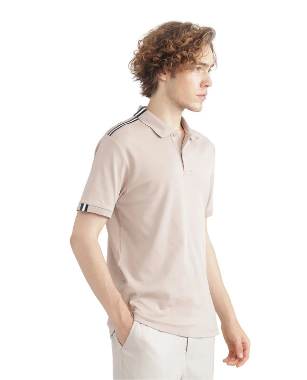 Rare Rabbit Men Loui Beige Cotton Fabric Striped Short Sleeve and Collar Neck Plain Polo