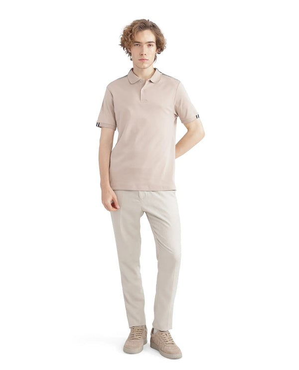 Rare Rabbit Men Loui Beige Cotton Fabric Striped Short Sleeve and Collar Neck Plain Polo