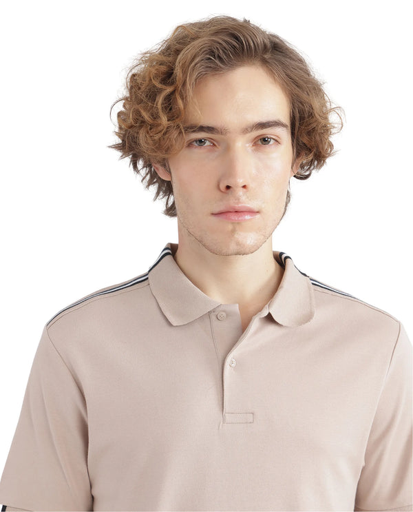 Rare Rabbit Men Loui Beige Cotton Fabric Striped Short Sleeve and Collar Neck Plain Polo