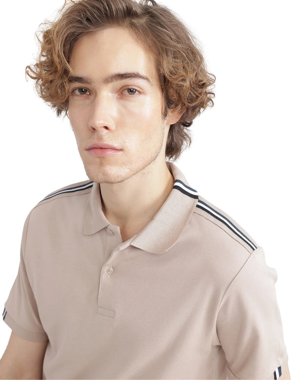 Rare Rabbit Men Loui Beige Cotton Fabric Striped Short Sleeve and Collar Neck Plain Polo