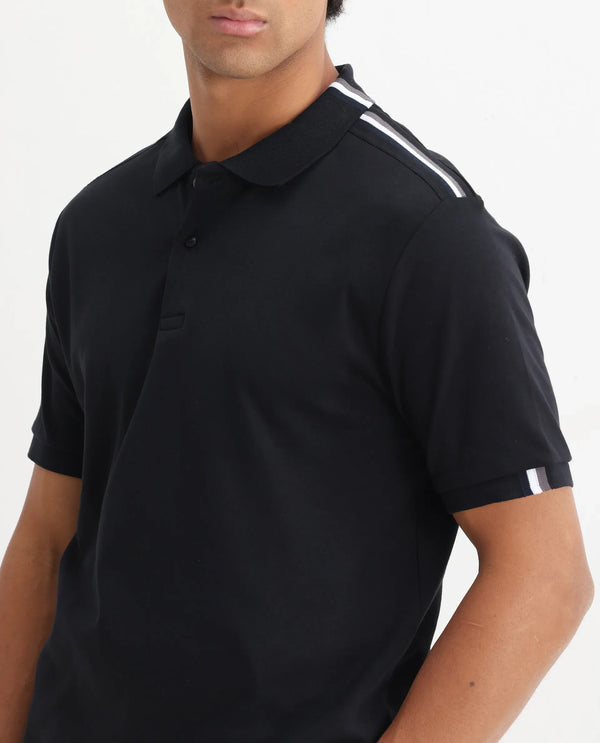 Rare Rabbit Men Loui Black Cotton Fabric Striped Short Sleeve and Collar Neck Plain Polo