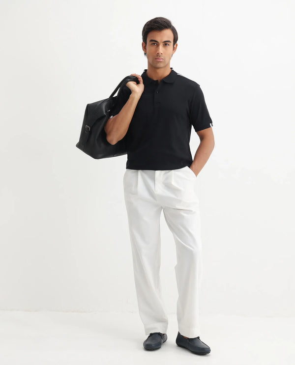 Rare Rabbit Men Loui Black Cotton Fabric Striped Short Sleeve and Collar Neck Plain Polo
