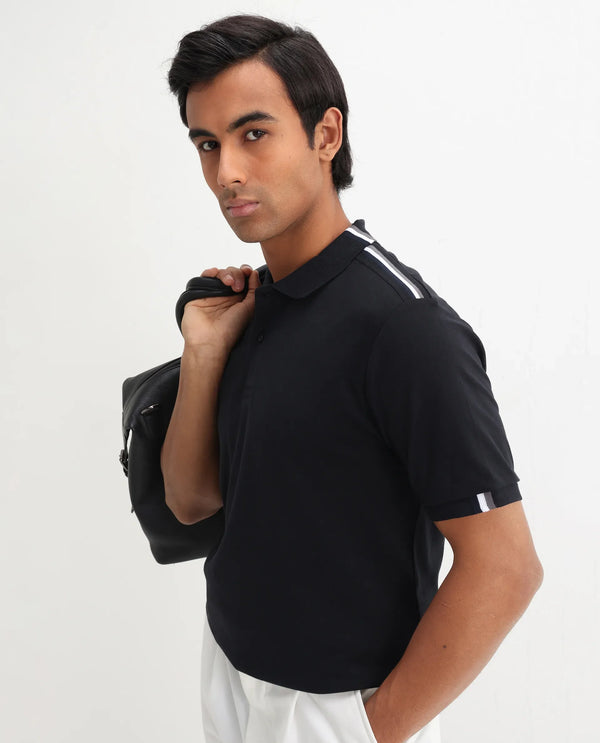 Rare Rabbit Men Laur Black Cotton Fabric Short Sleeve Printed Collar HD Print Branded Plain Polo