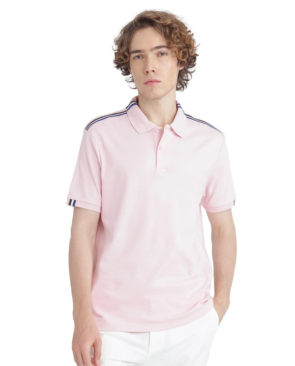 Rare Rabbit Men Loui Light Pink Cotton Fabric Striped Short Sleeve and Collar Neck Plain Polo