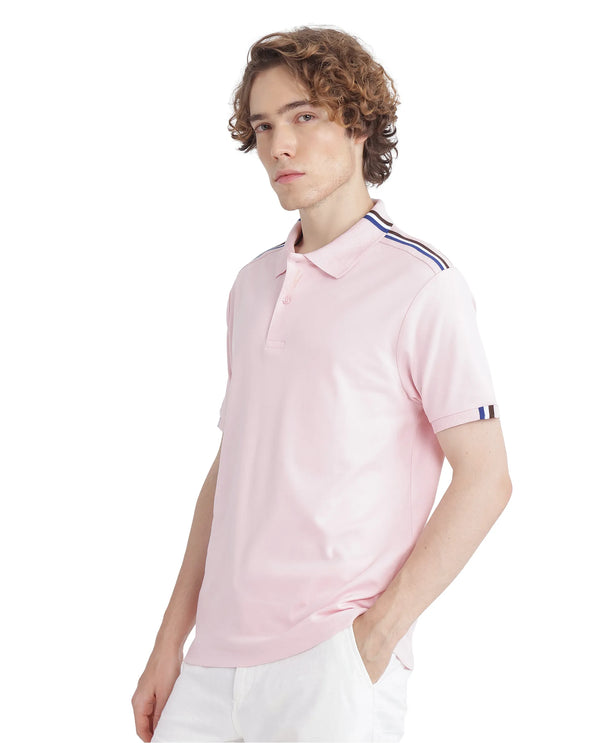 Rare Rabbit Men Loui Light Pink Cotton Fabric Striped Short Sleeve and Collar Neck Plain Polo