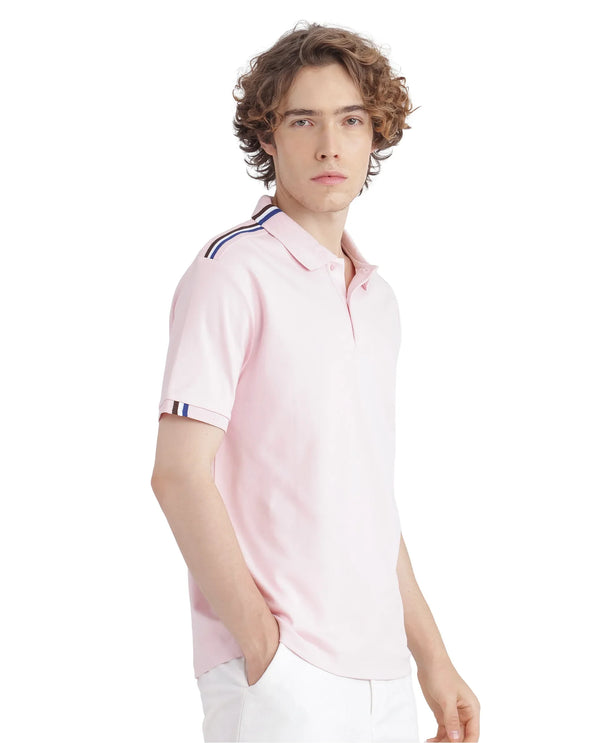 Rare Rabbit Men Loui Light Pink Cotton Fabric Striped Short Sleeve and Collar Neck Plain Polo