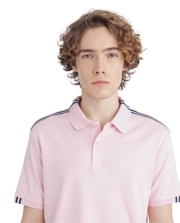 Rare Rabbit Men Loui Light Pink Cotton Fabric Striped Short Sleeve and Collar Neck Plain Polo