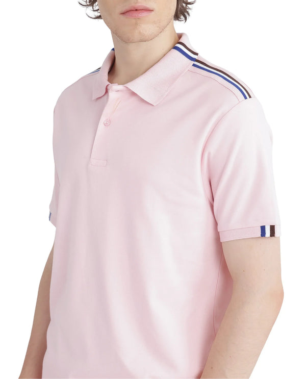 Rare Rabbit Men Loui Light Pink Cotton Fabric Striped Short Sleeve and Collar Neck Plain Polo