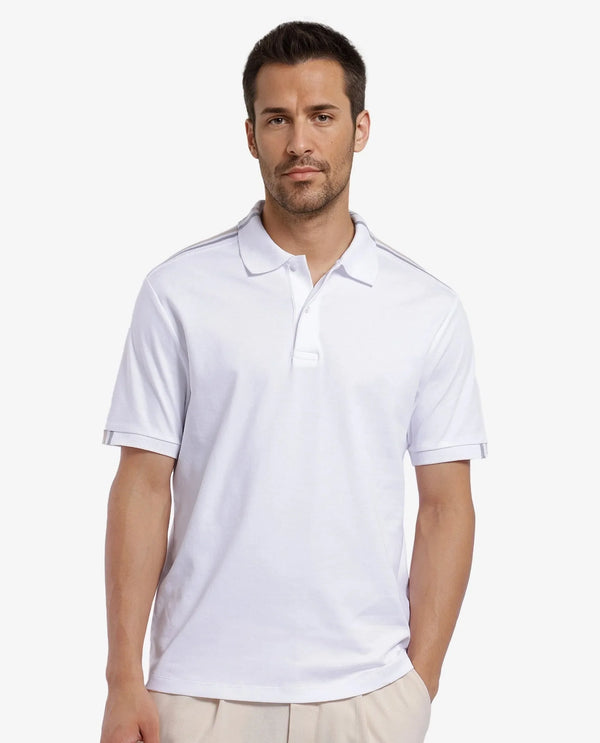 Rare Rabbit Men Loui Off White Cotton Fabric Striped Short Sleeve and Collar Neck Plain Polo