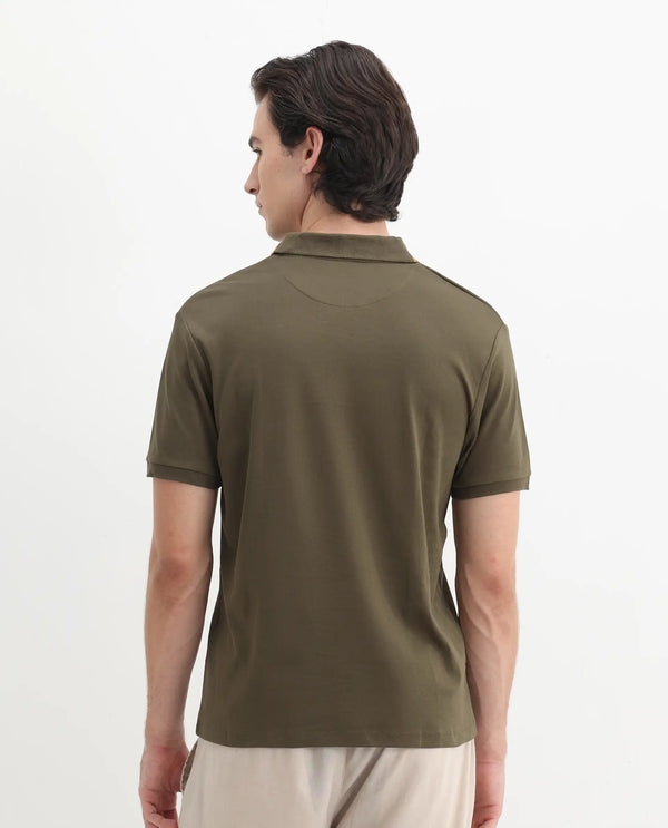 Rare Rabbit Men Loui Olive Cotton Fabric Striped Short Sleeve and Collar Neck Plain Polo