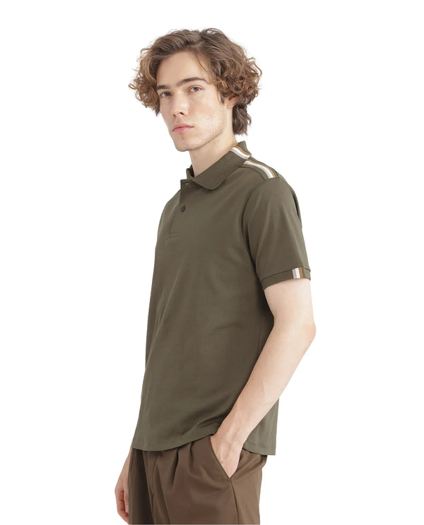 Rare Rabbit Men Loui Olive Cotton Fabric Striped Short Sleeve and Collar Neck Plain Polo