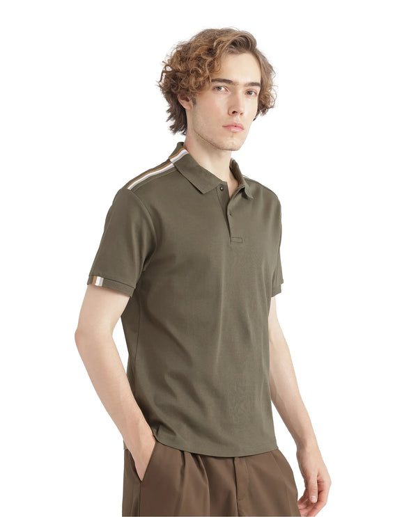 Rare Rabbit Men Loui Olive Cotton Fabric Striped Short Sleeve and Collar Neck Plain Polo