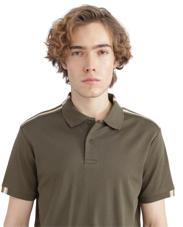 Rare Rabbit Men Loui Olive Cotton Fabric Striped Short Sleeve and Collar Neck Plain Polo